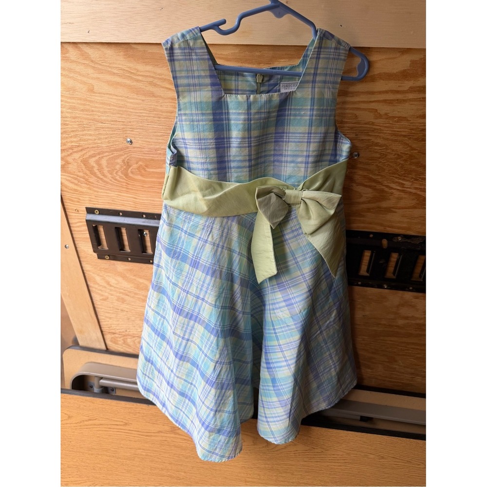 Girls Plaid Green & Blue Bow Dress
